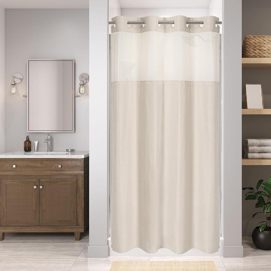 eachope Stall No Hooks Needed Linen Textured Shower Curtain with Snap-in Fabric Liner Set,Hotel Luxury Decor Shower Curtains for Bathroom,Waterproof & Washable,60Wx74H,Cream