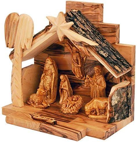 Olive Wood Nativity Set with Figurines  Natural Bark Roof Stable  Handmade Christian Christmas Decoration  Holy Land Gift  Made in Bethlehem  Religious Manger Scene Display