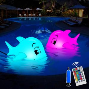 Solar Floating Pool Light Inflatable Dolphins Glow in The Dark Solar Pool Lights That Float IP68 waterproof with remote control Solar Powered Lights for Pool Pond Wedding Party Decorations - 2PCS