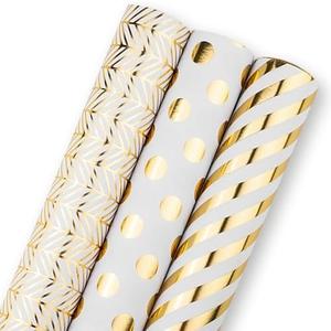 Flyhill Gold Birthday Wrapping Paper Roll - Mini Roll, 3 Rolls-Metallic Gold Foil Gift Wrap with Polka Dots, Stripes, Geometry Design for Birthday, Baby Shower, Wedding-17 inch x 120 inch Per roll