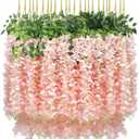 U'Artlines 12 Pack (Total 43.2 Feet) Artificial Fake Wisteria Vine Rattan Hanging Garland Silk Flowers String Home Party Wedding Decor (12, Light Pink)