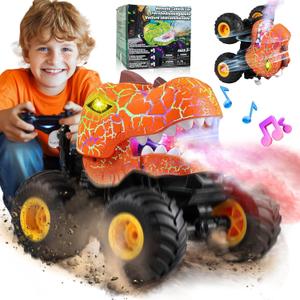 BEZGAR Monster Truck Toys - Remote Control Monster Truck with Spray, Light, Music, Dinosaur Toys for Kids, 1:20 Scale RC Truck with 360 Spins and Drifting, Remote Control Car for Boys 4-7 Orange