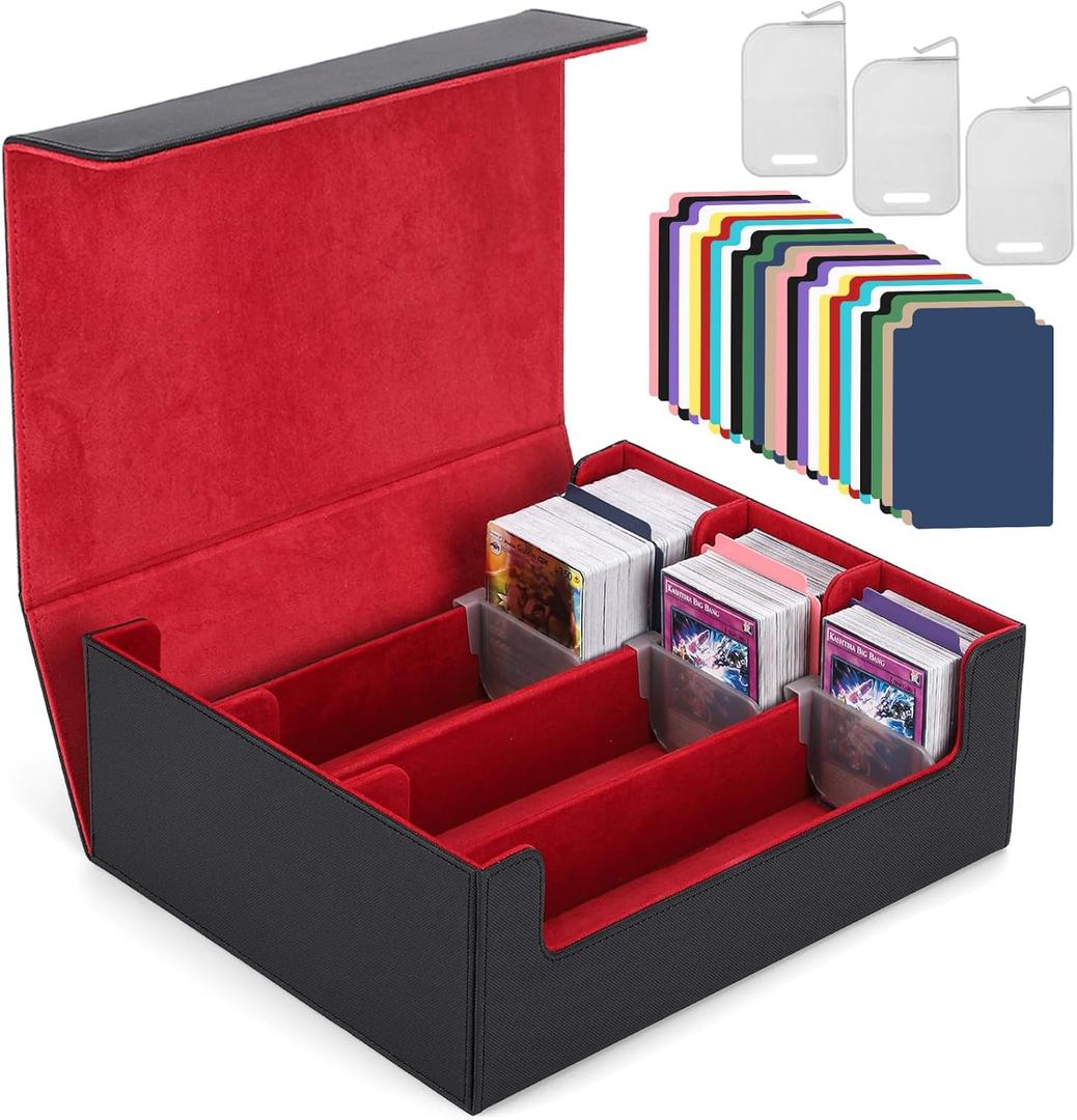 Card Deck Case for Trading Cards 1800+, MTG Card Storage Box, Leather Magnetic Closure Storage Box for Magic Commander, MTG, YuGiOh, PKM and Sports Cards (Black and Red)