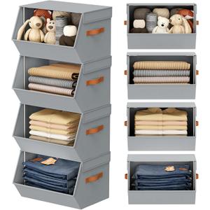 Stackable Closet Organizers and Storage Bins, Open Front Closet Shelf Organizer System With Steel Frame, Clothes Storage Basket Fabric, Collapsible Closet Drawers for Wardrobe, Nursery ,Toy, 4 Pack