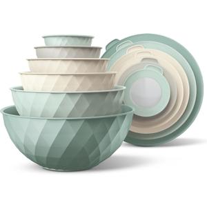 COOK WITH COLOR Mixing Bowls with Lids - 12 Piece Plastic Nesting Bowls Set includes 6 Prep Bowls and 6 Lids, Diamond Design - Microwave Safe, Mint