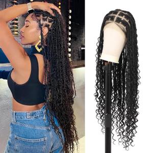 360 HD Full Lace Knotless Boho Braided Wigs for Women Box Braid Wig With Baby Hair Human Hair Blended Braided Lace Front Wigs Natural Black 36 Inch (HD Full Lace Boho Braids-36)