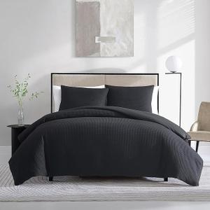 Vera Wang - King Comforter Set, Soft Cotton Bedding with Waffle Pique Texture & Smooth Cotton Percale Reverse, Medium Weight for Year-Round Comfort, 3 Piece Bed Set with Matching Pillowcases (Black)