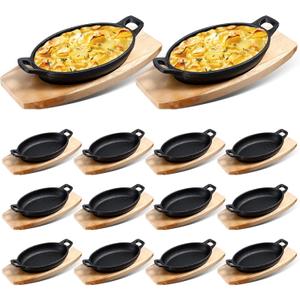 Mifoci 12 Pcs Cast Iron Skillet with Wooden Base Mini Cast Iron Fajita Plates Baker's Skillet Matte Black Small Pan for Kitchen Restaurant Barbecue Dinner (8.7 x 4.7 x 1.6 Inches)