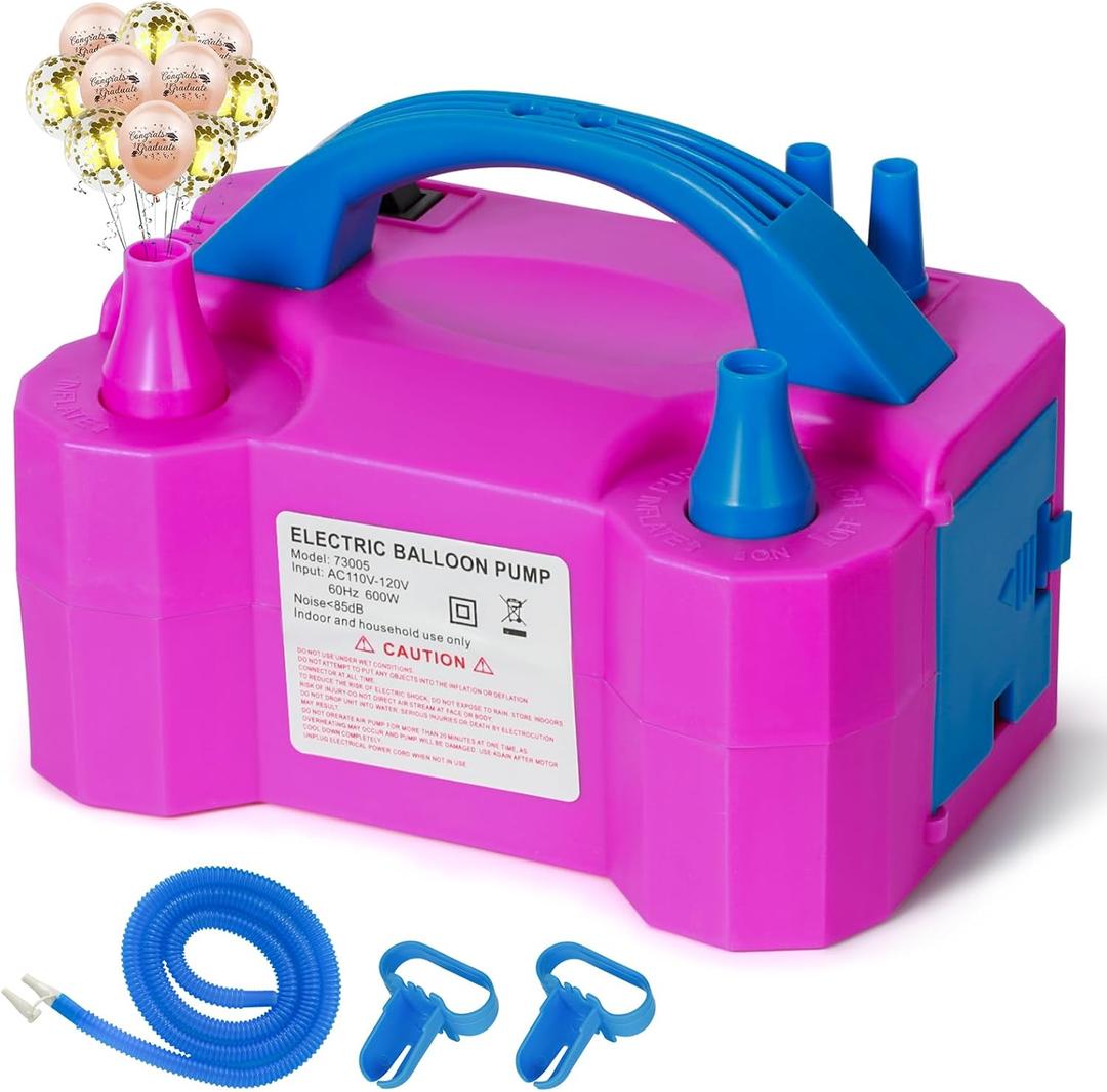 WYLOSUA Electric Portable Dual Nozzle Balloon Pump  Dual Nozzle Design, Push Down & Continuous Mode, Fast Inflation for Parties, Events, Kids & Decorators, Includes Tying Tools
