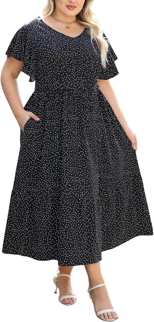 Celkuser Womens Plus Size Short Sleeve V Neck Summer Boho Casual A-Line Floral Midi Dress with Pockets, 4XL