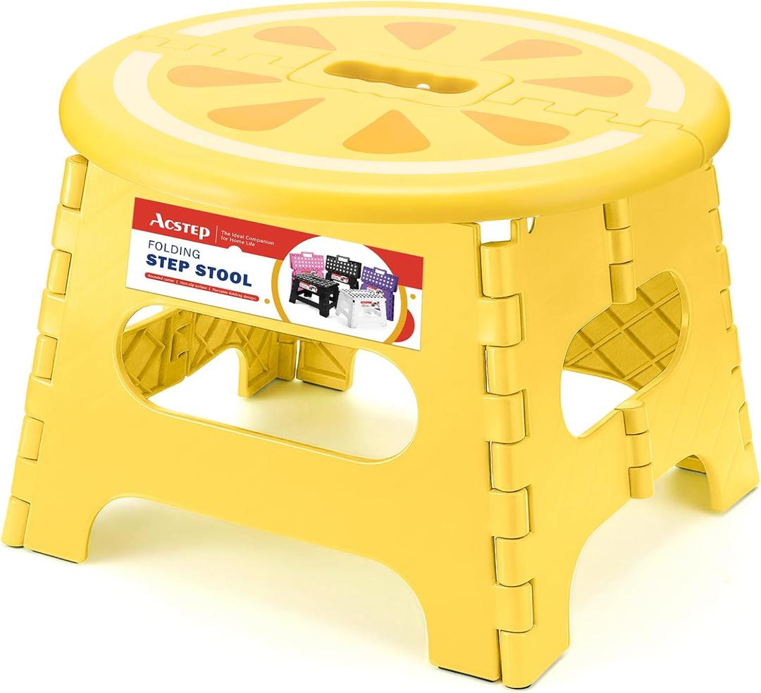 ACSTEP Folding Step Stool 9 Inch, Sturdy Collapsible Step Stool Foldable Up to 265 lb for Kids Toddlers & Adults, Non Slip Foot Stools with Handle for Kitchen, Bathroom, Bedroom, Outdoor, Lemon Yellow