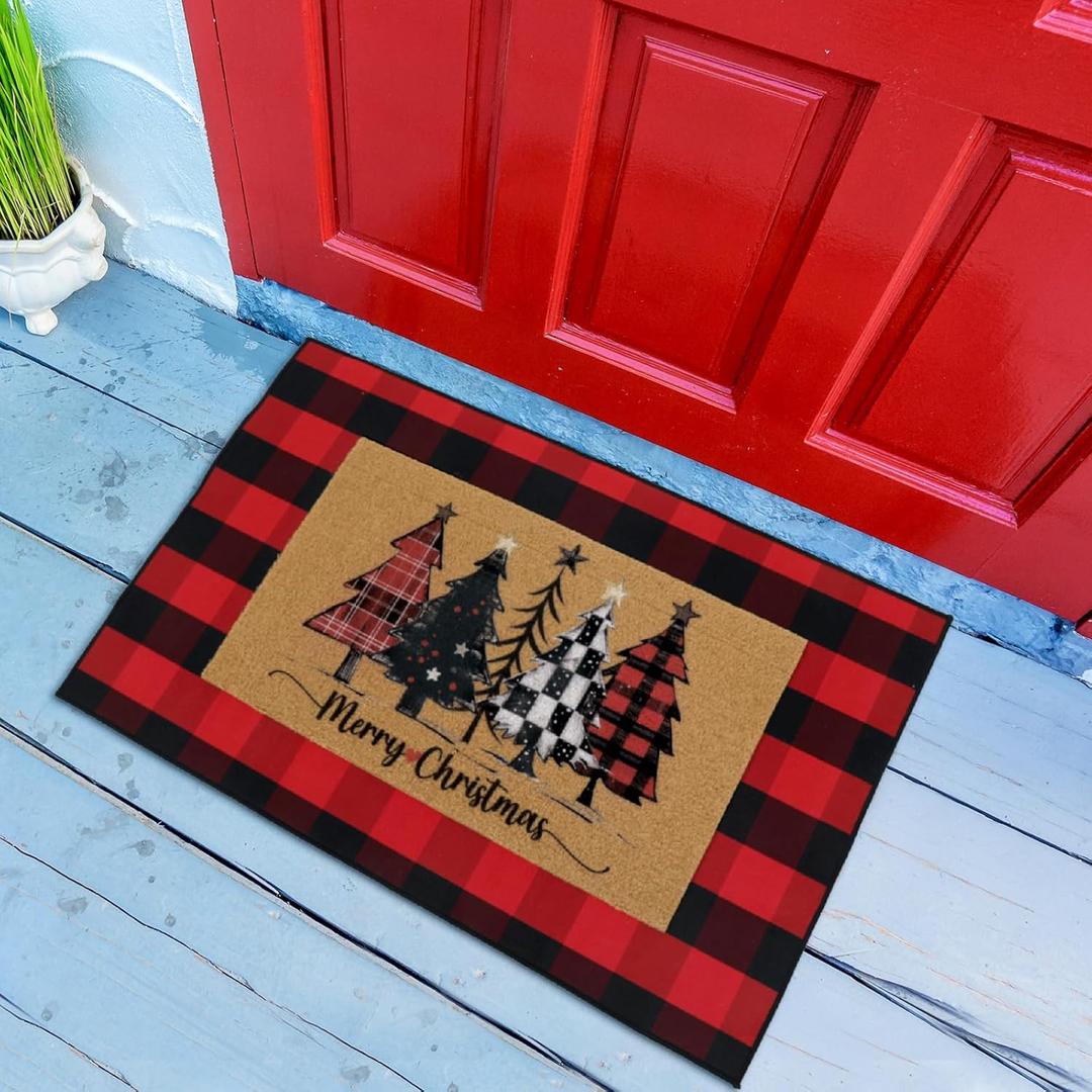 2 Pcs Christmas Front Porch Rug Buffalo Plaid Christmas Front Door Mats Imitation Coco Coir Xmas Welcome Layering Rugs for Outdoor Home Winter Festival Holiday Farmhouse Decor, 36 x 60 Inch (Red and Black)