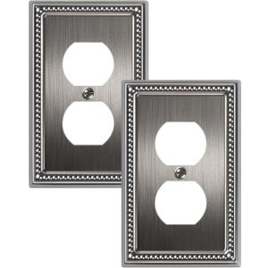 2-Pack Duplex Outlet Cover, Silver Metal Wall Plates for Electrical Outlets, 1 Gang Receptacle Light Switch Cover, Pearls Beaded Decorative Switch Plates and Outlet Covers