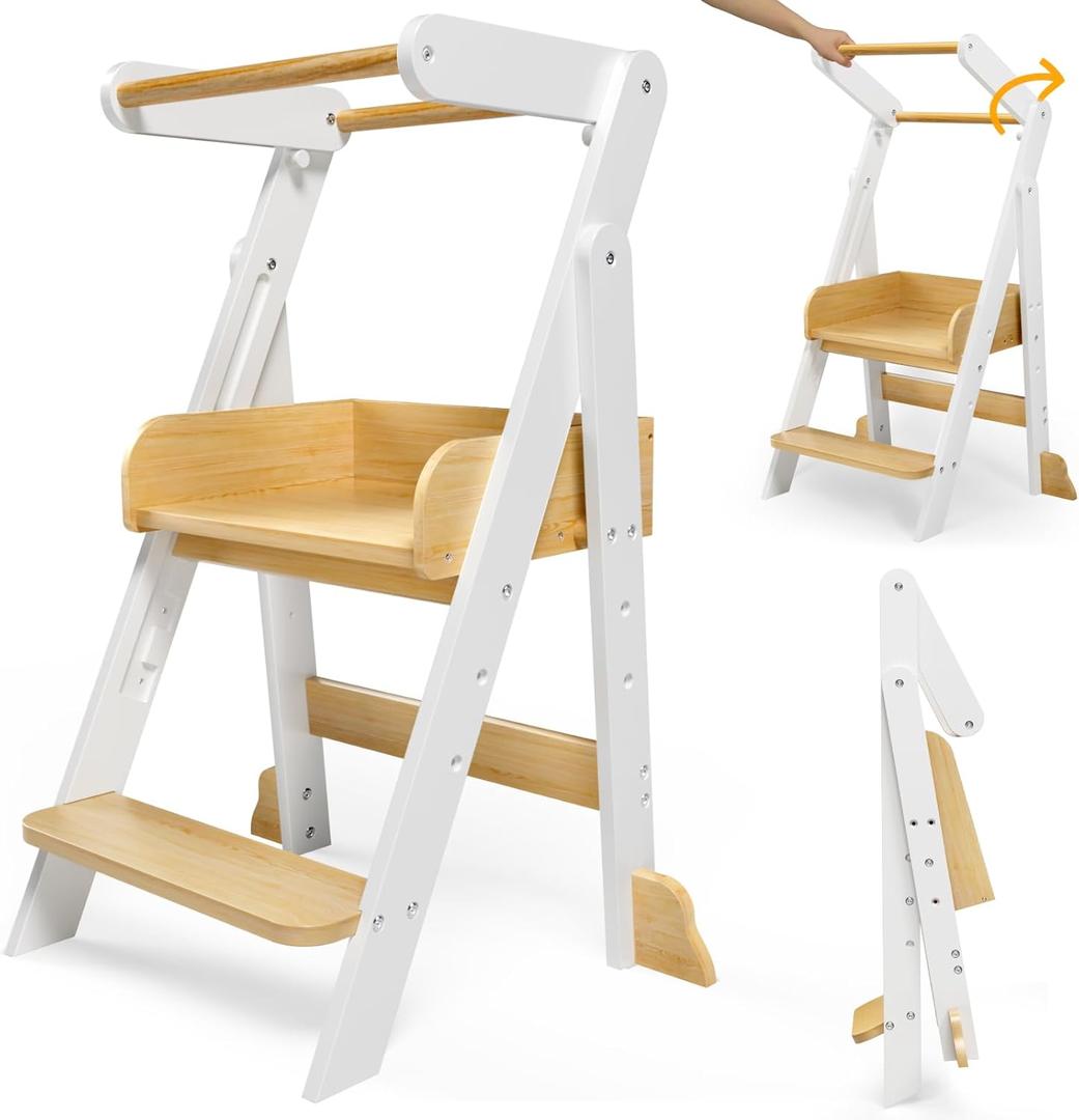 Foldable Toddler Tower with 3 Heights, Kids Step Stool for 1.5-6 Years, Toddler Standing Tower for Bathroom Sink, Stool for Kids Anti-Drop (White)