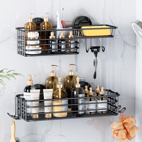 Amazon.com: LEVERLOC Shower Caddy Suction Cup, 2 Pack suction shower shelf with Hooks & Soap holder, NO-Drilling Bathroom Holder, Rustproof bathroom organizer, Black : Home & Kitchen