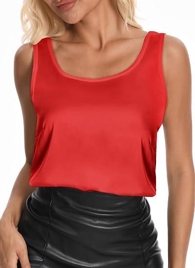 CHICMERS Women Silk Satin Tank Tops Sleeveless Camisole Blouses Scoop Neck Summer Basic Tank Shirt Business Casual Outfits Red L