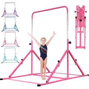 MARFULA Foldable Gymnastic Bar for Kids Ages 3-12, 9 Height Levels, 200 lbs Weight Capacity, 5 Ft Length Gymnastic Kip Bar with Mat, Gymnastic Equipment for Home and Gym Center Indoor Outdoor Use