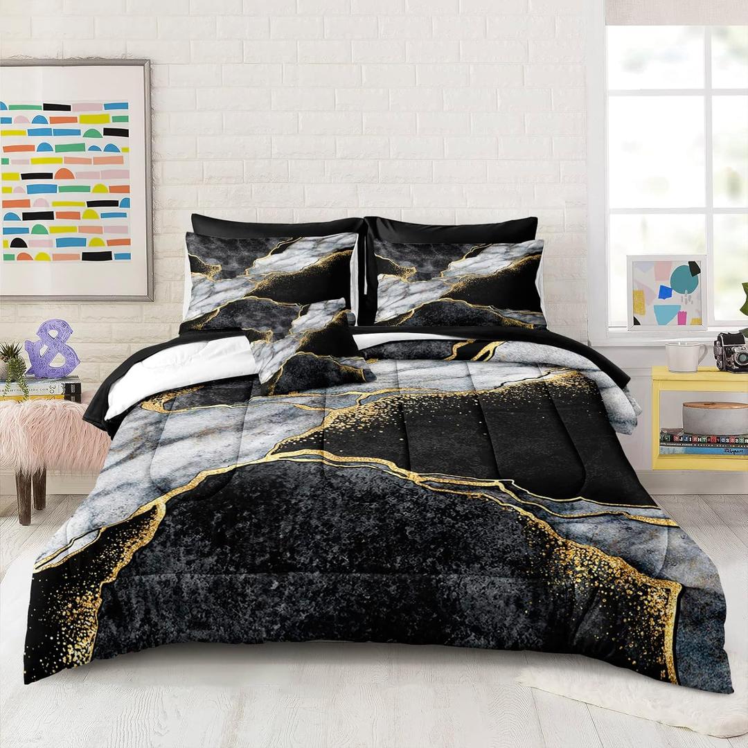 Merryword Black Marble Comforter Set Twin Size 6 Pieces Bed in a Bag Gold Metallic Marble Design Bedding with 1 Comforter, 2 Pillowcases, 1 Flat Sheet, 1 Fitted Sheet, 1 Cushion Cover