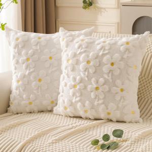 DFXSZ Spring Summer Pillow Covers 20x20 inch Set of 2 White Daisy Yellow Flower Heart Soft Plush Faux Fur Jacquard Throw Pillow Covers for Bedroom Sofa Spring Summer Holiday Home Decor PTK035A20