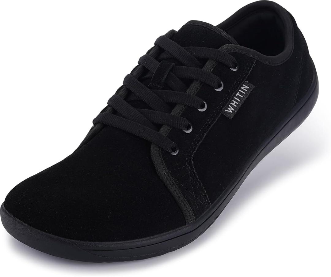 WHITIN Men's Wide Genuine Leather Barefoot Shoes | Minimalist Fashion Sneakers | Zero Drop Sole, Size: 7W, All Black
