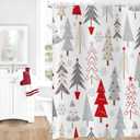 Christmas Tree Shower Curtain, Grey Beige Red Xmas Tree with Stars Snowflake Cute Bathroom Curtain for Boys Girls Bathtub Decor Waterproof Washable Fabric with 12 Hooks, 72''Lx72''W