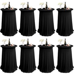 8 Packs Round Cocktail Table Skirt 24"x 43" Spandex Stretch Cocktail Tablecloth with Wavy Drapes, Black Spandex Fitted High Top Table Covers for Wedding, Bar, Party, Banquet