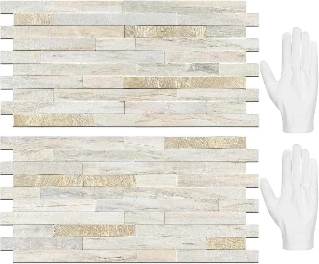 STICKGOO 20 Sheets Peel and Stick Backsplash Tile, Stick on Backsplash for Kitchen and Bathroom, Sunny Beige Look PVC Mixed Metal Gold Self Adhesive Wall Tiles (Sunny Beige + Metal Gold)