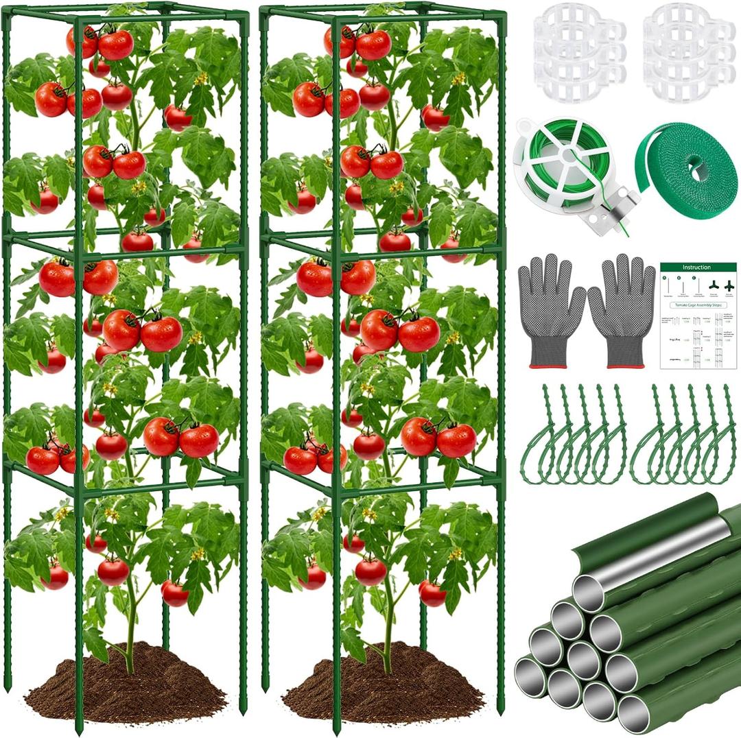 2 Pack Square Tomato Cages for Garden Heavy Duty Plastic Coated Steel Pipe Tomato Stakes Cages, Trellis Tomato for Potted Plants, Tomato Cages Plant Stakes for Climbing Vegetable Plants Flowers Fruit