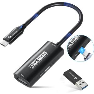 Guermok USB3.0 Video Capture Card with PD 100W, 1080P@60FPS HDMI to USB-A/C Capture Card with Type C Adapter, Streaming Devices for Oculus/Quest 3/ iPad/MacOS/Switch/ PS4 5, Black