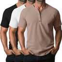 Ficerd 3 Pack Men's Henley T-Shirts Cotton Short Sleeve Casual Basic Tees Summer Loose Fit Oversized Solid Tops (X-Large, Black, White, Khaki)