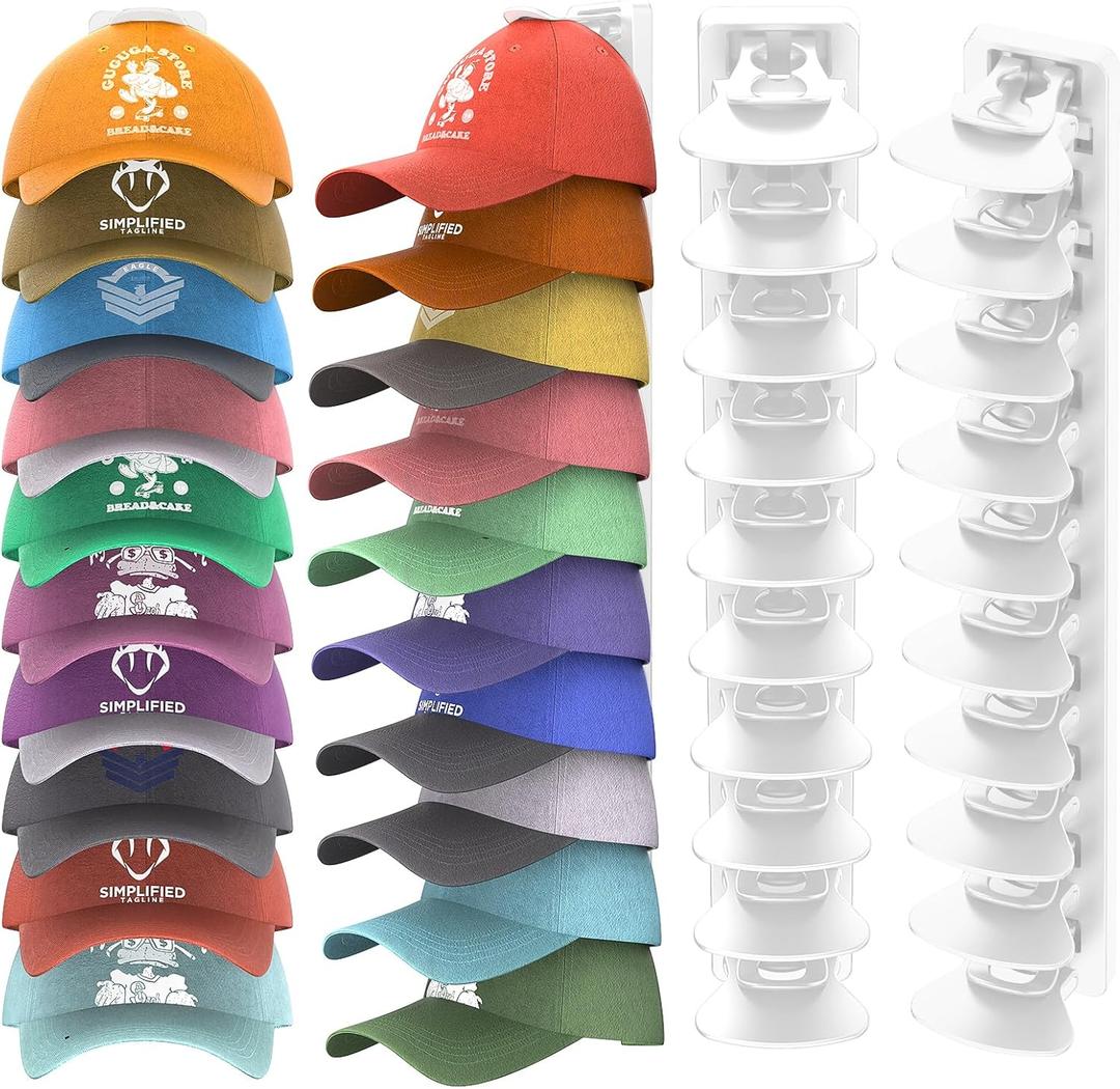 Hat Organizer for Baseball Caps Hold Up to 40 Hats, 2 Pack Hat Rack for Wall, Strong Adhesive Hat Storage Display Holder(White-2 Pack)