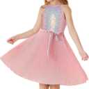 GRACE KARIN Girls Sequin Dress Christmas Party Dance Formal Birthday Fancy Sparkly Halter Chiffon Dresses Size 5-14 (12-14 Years, Fantasy Pink)