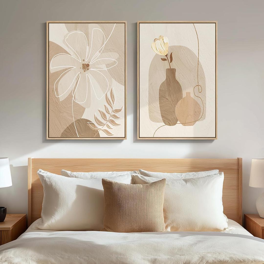 Framed Neutral Boho Floral Wall Art for Bedroom, Set of 2 Flower and Vase Beige Artwork for Walls, Bohemian Minimalist Canvas Prints for Living Room Hallway Home Office Kitchen Wall Decor, 20x30 Inch
