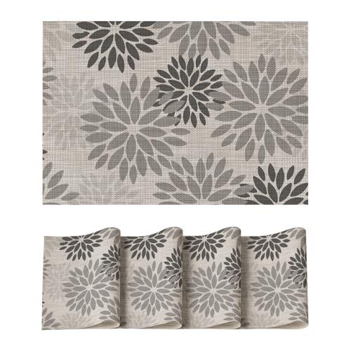 Artoid Mode Floral Vinyl Plastic Placemats Set of 4, 12x18 Inch Washable Non-Slip PVC Place Mats for Party Kitchen Dining Decor, Grey