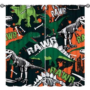 Dinosaur Skeletoncurtains for Boys Room, Vintage Grunge Cartoon Fierce Tropical Animals Print Window Curtains for Kids Bedroom Livingroom, 42x45in (No Blackout)