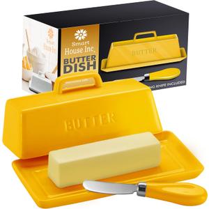 Ceramic Butter Dish Set with Lid and Knife - [Yellow]- Decorative Butter Stick Holder with Handle for 1 Stick of Butter - Microwave Safe, Dishwasher Safe - Anti-Scratch Stickers Included