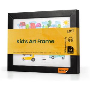 Magnetic Kids Art Frame 8.5x11  Lift-Top Real Wood Artwork Display & Storage  Strap-Free Changeable Frame Holds 250 Drawings  Freestanding or Wall Mounted - Black