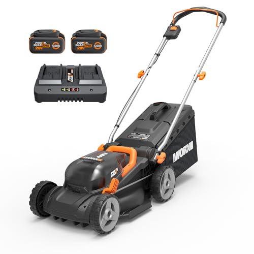WORX Cordless Lawn Mower, 14" Electric Mower with Brushless Motor, Lightweight Push Lawn Mower with 6-Position Height Adjustment for Small Yards, 2 Batteries & Charger Included, WG735
