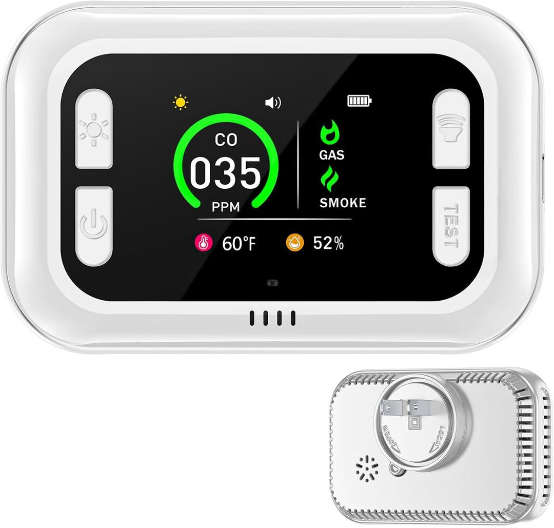 Carbon Monoxide Detector Plug in Wall, 5 in 1 Natural Gas Detector & Smoke Alarm with HD Digital Screen, Portable Smoke Detector for Travel, CO Propane Gas Detector for Home Hotel Camping RV (White)
