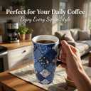 17 oz Ceramic Coffee Mug with Handle and Lid – Tall Porcelain Travel Cup with Blue Flower, Microwave and Dishwasher Safe, Large Capacity Mug in Color Box for Women