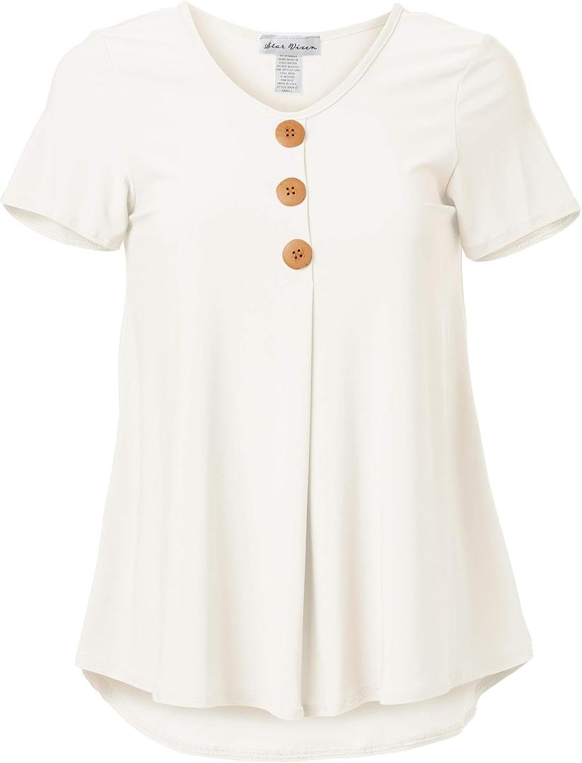 Star Vixen Womens Elbow Sleeve Button Front Flowy Tank Top with Pleated Detail (White)