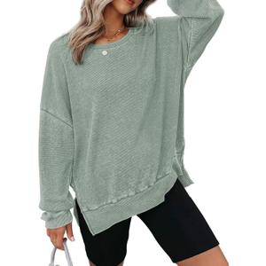 Dokotoo Sweatshirt for Women Oversized Waffle Knit Crewneck Sweatshirts Long Sleeve Side Slits Casual Pullover Tops (Small, Green)