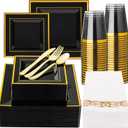 N9R 50 Guest Black and Gold Dinnerware Set, Black Square Plastic Plates with Gold Rim, 50 forks, 50 Spoons, 50 Knives, 50 Cups, 50 Napkins-Disposable Dinnerware Set for Wedding