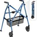 Stander Wonder Walker Plus, Lightweight Folding Mobility Aid for Adults, Seniors, and Elderly, Collapsible Travel EZ Fold-N-Go with Wheels, Glides, & Basket, Cobalt Blue