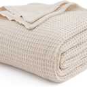 Bedsure Gentlesoft 100% Cotton Blanket Queen Size for Bed - Breathable and Soft, Thick Cozy Waffle Weave Christmas Blanket Gift for Women, Light Beige, 90x90 Inches