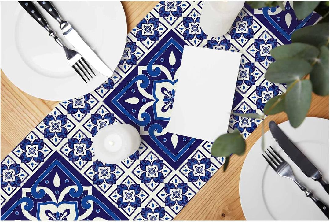 HOSNYE Table Runner Blue Portuguese Tile Pattern,Cotton Linen Table Runner Decoration for Kitchen Family Dinner Table Holiday Party Farmhouse Style 13 x 72 Inch