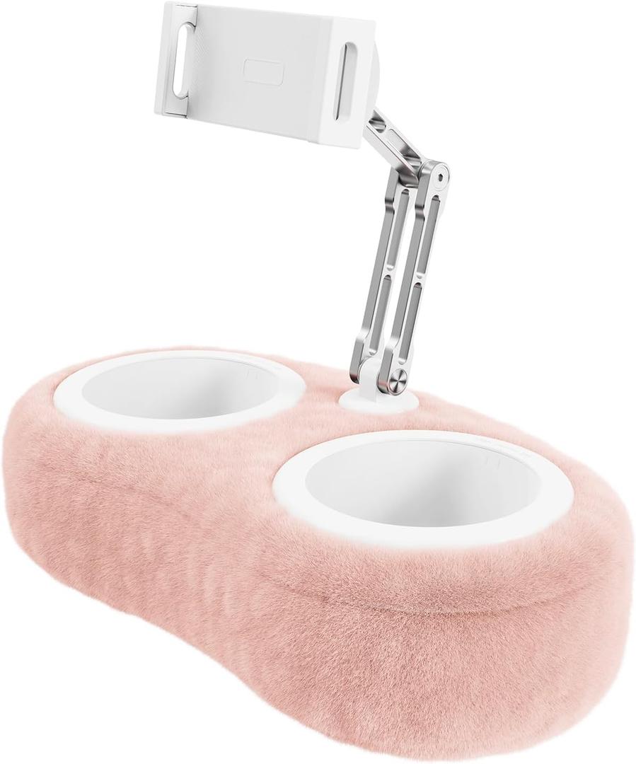 Lap Tablet Pillow Stand,Adjustable Aluminum Arm iPad Holder with Dual Snack Bowls,360 Rotating Clip for 4.7-13" Kindle,Phone,Tablet.Ideal for Hands-Free Reading and Relaxation on Bed & Sofa (Peach)