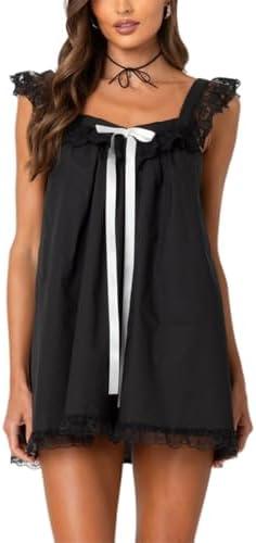 Women Y2K Babydoll Mini Dress Cute Bow Lace Trim Pleated Ruffle Short Sundress Casual Party Vacation One Pieces Size S Black