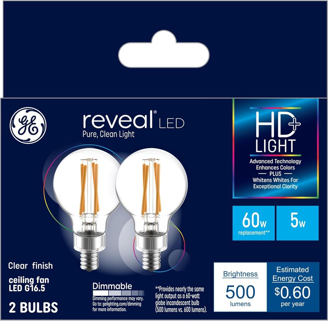 GE Reveal LED Light Bulbs, 60 Watt, A15 Ceiling Fan Bulbs, Clear, Small Base (2 Pack)