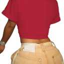 Bornpom Women Sexy Graphic Tees Low Cut V Neck Tops Short Sleeve Shirts Knot Front Tops (Red)